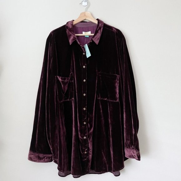 Anthropologie Tops - Maeve Anthropologie Karina Velvet Plum Button Down Shirt Shacket